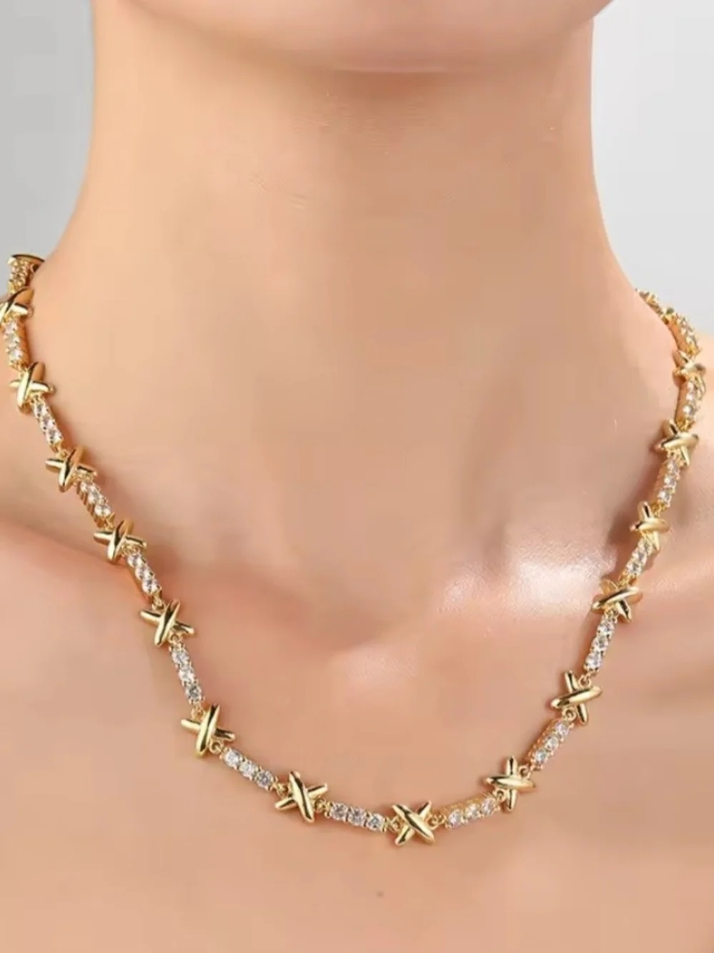 Gold Crisscross CZ Station Necklace - Women Jewelry